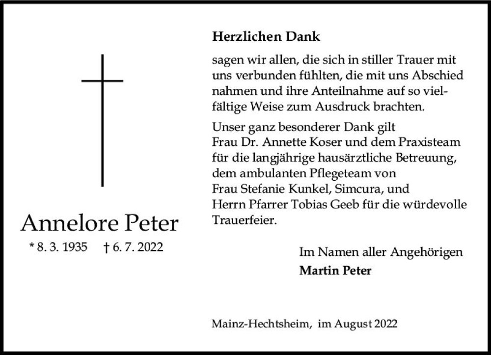  Traueranzeige für Annelore Peter vom 20.08.2022 aus vrm-trauer AZ Mainz