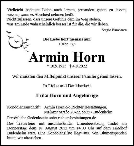 Traueranzeige von Armin Horn von vrm-trauer AZ Mainz