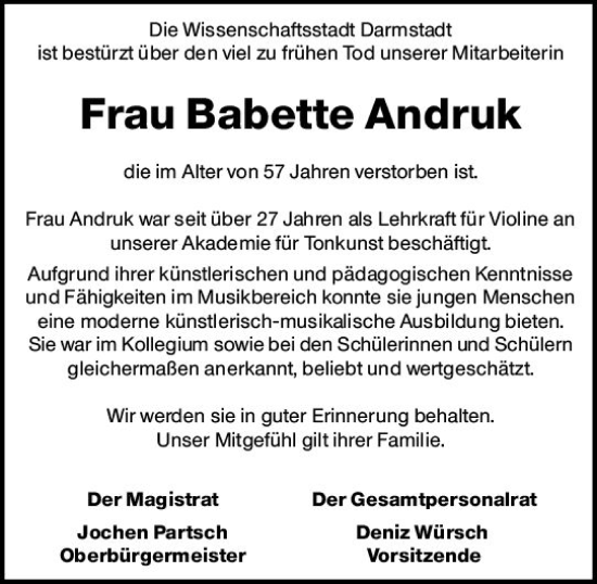 Traueranzeige von Babette Andruk von vrm-trauer Darmstädter Echo