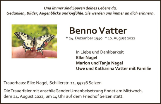 Traueranzeige von Benno Vatter von vrm-trauer AZ Mainz