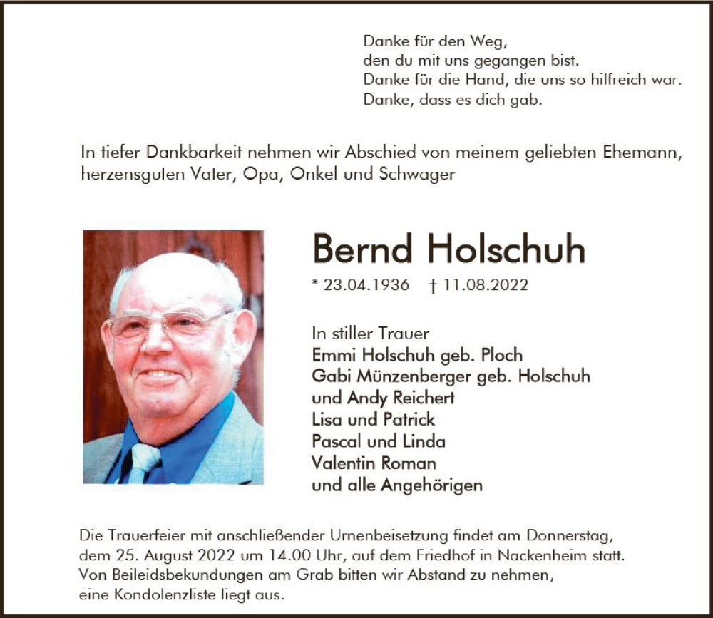  Traueranzeige für Bernd Holschuh vom 20.08.2022 aus vrm-trauer AZ Mainz