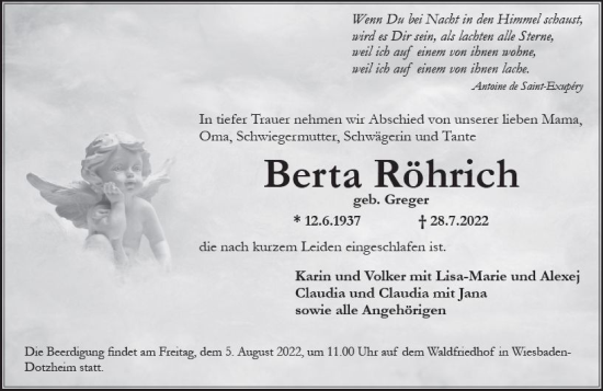 Traueranzeige von Berta Röhrich von vrm-trauer Wiesbadener Kurier