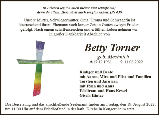 Traueranzeige von Betty Torner von vrm-trauer AZ Mainz