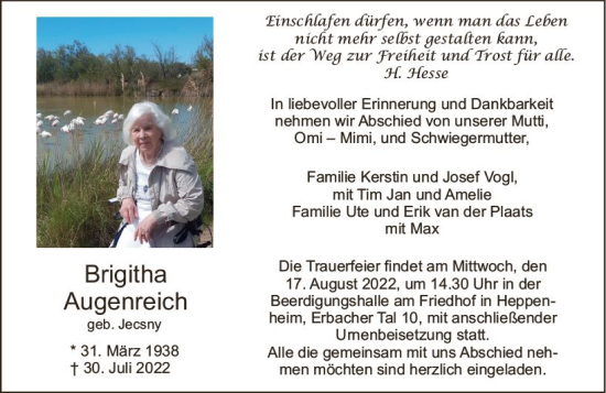 Traueranzeige von Brigitha Aufenreich von vrm-trauer Bürstädter/Lamperth. Ztg/Starkenburger