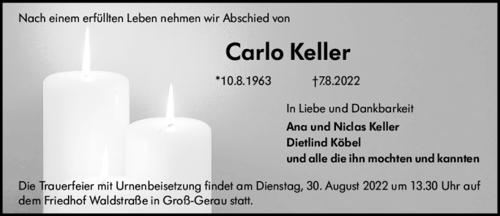  Traueranzeige für Carlo Keller vom 27.08.2022 aus vrm-trauer Rüsselsheimer Echo / MainSpitze