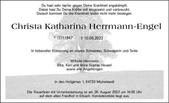 Traueranzeige von Christa Katharina Herrmann-Engel von vrm-trauer Odenwälder Echo