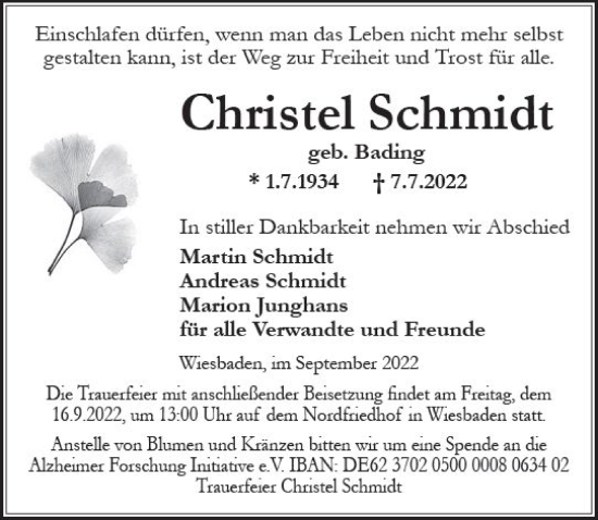 Traueranzeige von Christel Schmidt von vrm-trauer Wiesbadener Kurier