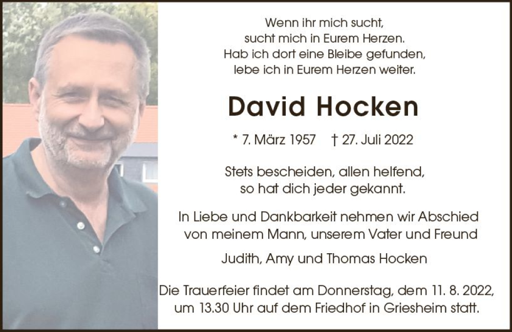  Traueranzeige für David Hocken vom 09.08.2022 aus vrm-trauer Darmstädter Echo
