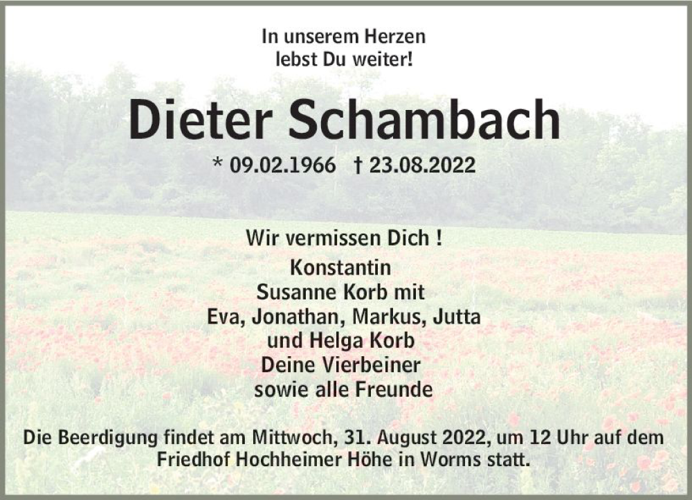  Traueranzeige für Dieter Schambach vom 27.08.2022 aus vrm-trauer Wormser Zeitung