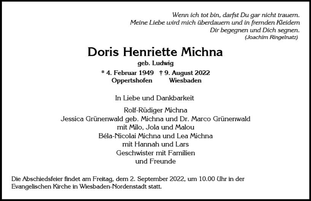 Traueranzeige für Doris Henriette Michna vom 27.08.2022 aus vrm-trauer Wiesbadener Kurier
