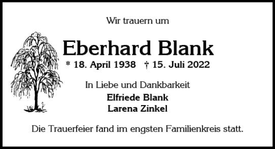 Traueranzeige von Eberhard Blank von vrm-trauer Wiesbadener Kurier