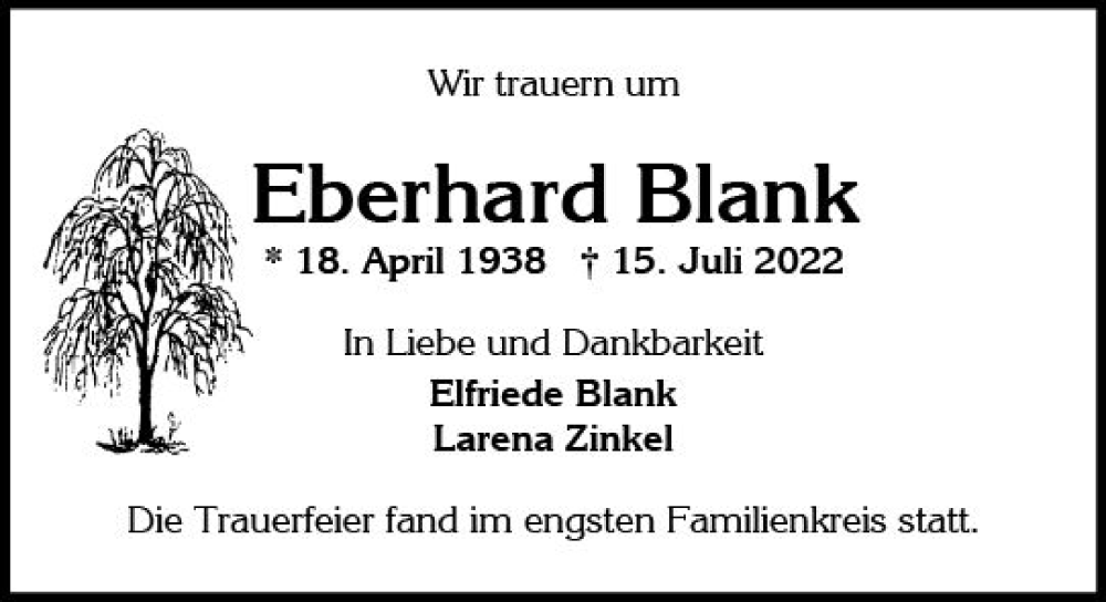  Traueranzeige für Eberhard Blank vom 06.08.2022 aus vrm-trauer Wiesbadener Kurier