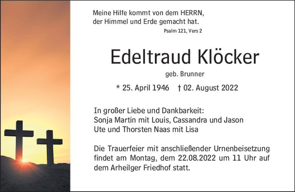  Traueranzeige für Edeltraud Klöcker vom 13.08.2022 aus vrm-trauer Darmstädter Echo