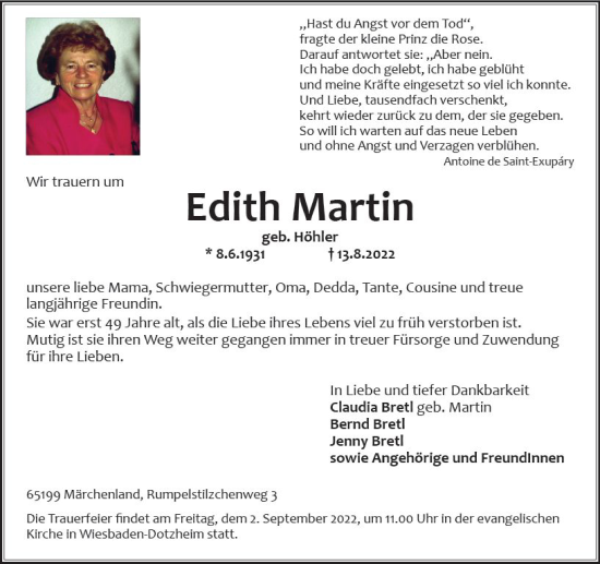 Traueranzeige von Edith Martin von vrm-trauer Wiesbadener Kurier