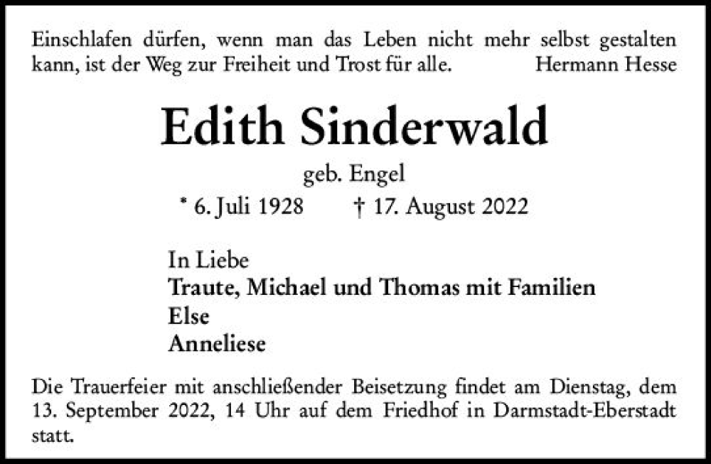  Traueranzeige für Edith Sinderwald vom 27.08.2022 aus vrm-trauer Darmstädter Echo