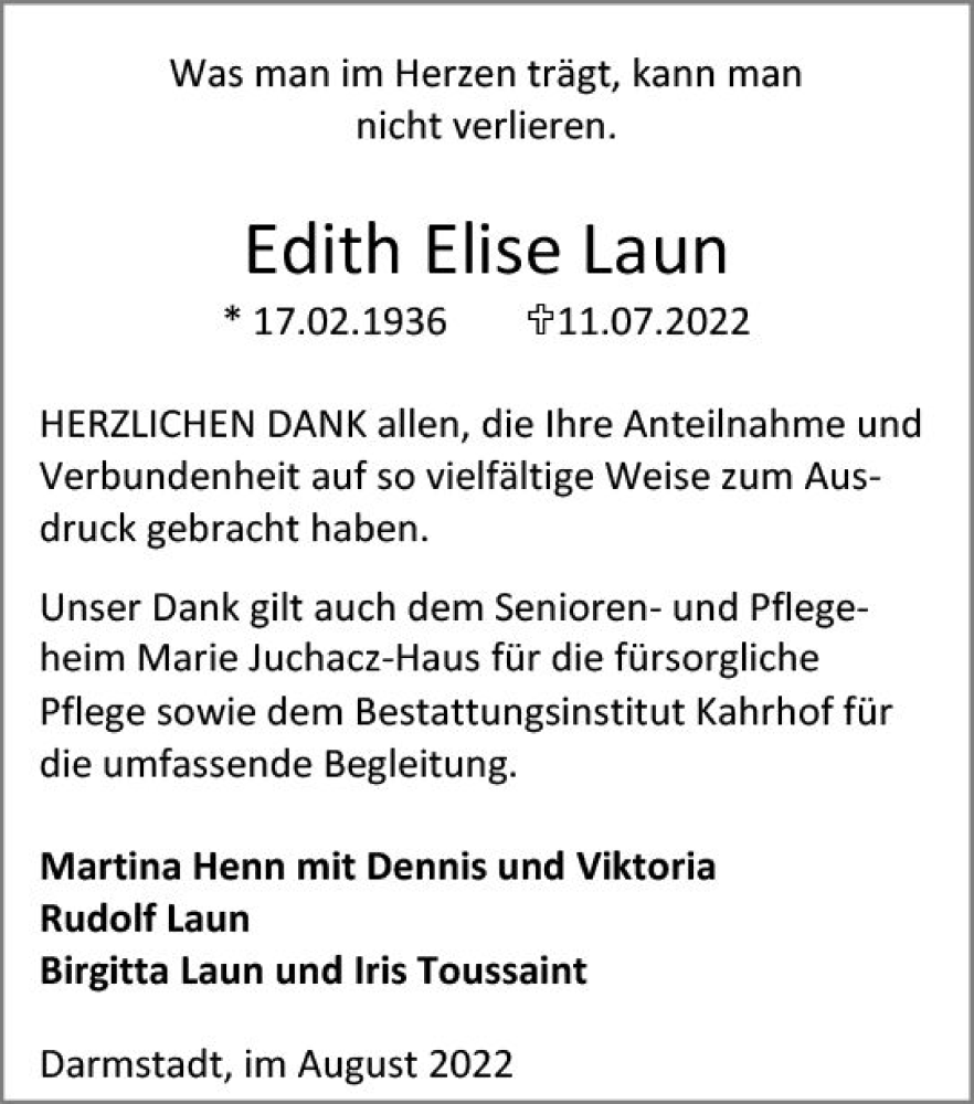  Traueranzeige für Edith Elise Laun vom 13.08.2022 aus vrm-trauer Darmstädter Echo