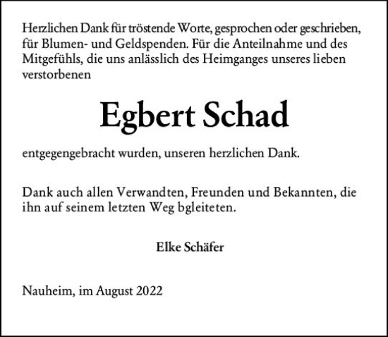 Traueranzeige von Egbert Schad von vrm-trauer Rüsselsheimer Echo / MainSpitze