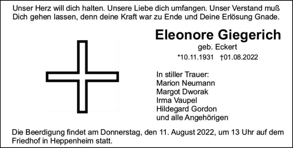  Traueranzeige für Eleonore Giegerich vom 06.08.2022 aus vrm-trauer Bürstädter/Lamperth. Ztg/Starkenburger