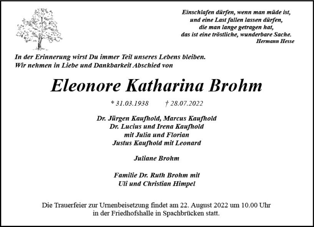  Traueranzeige für Eleonore Katharina Brohm vom 13.08.2022 aus vrm-trauer Darmstädter Echo
