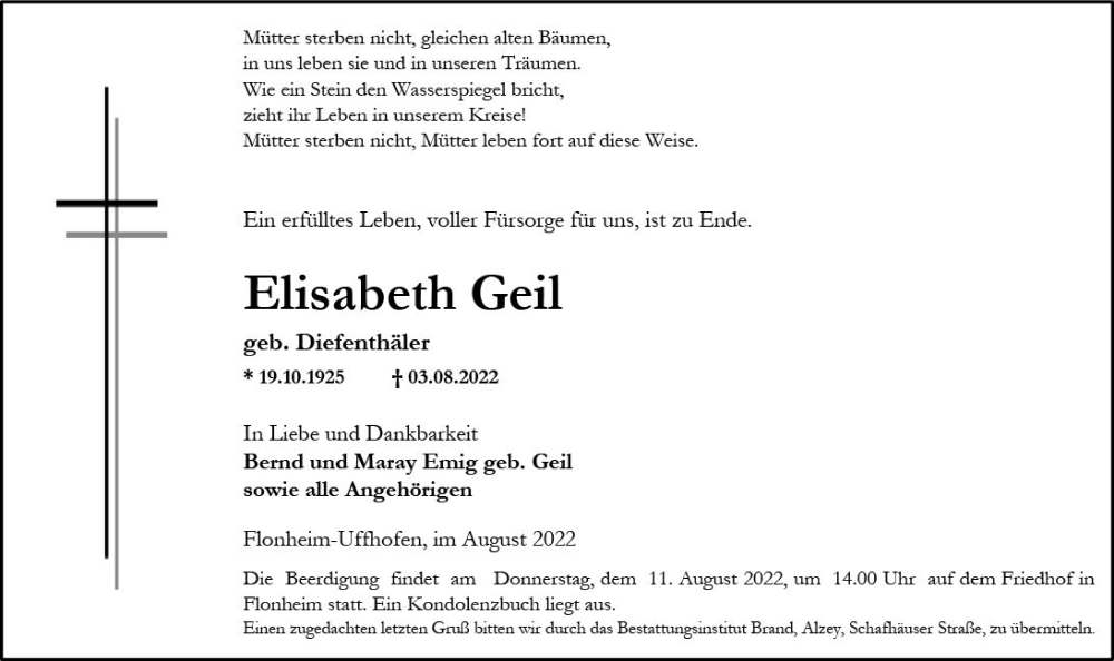  Traueranzeige für Elisabeth Geil vom 06.08.2022 aus vrm-trauer Allgemeine Zeitung Alzey