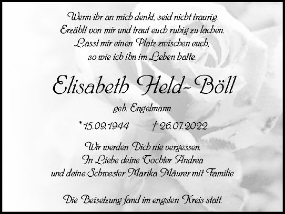  Traueranzeige für Elisabeth Held-Böll vom 06.08.2022 aus vrm-trauer Wiesbadener Kurier