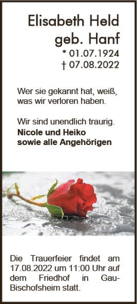 Traueranzeige von Elisabeth Held von vrm-trauer AZ Mainz