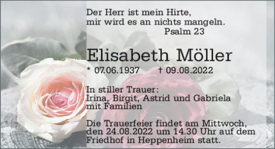 Traueranzeige von Elisabeth Möller von vrm-trauer Bürstädter/Lamperth. Ztg/Starkenburger