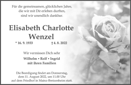 Traueranzeige von Elisabeth Charlotte Wenzel von vrm-trauer AZ Mainz