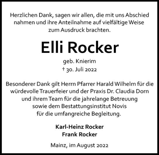 Traueranzeige von Elli Rocker von vrm-trauer AZ Mainz