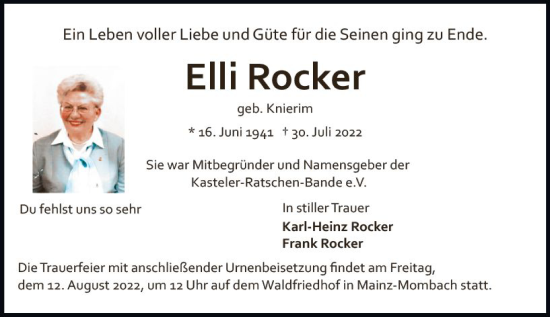 Traueranzeige von Elli Rocker von vrm-trauer AZ Mainz