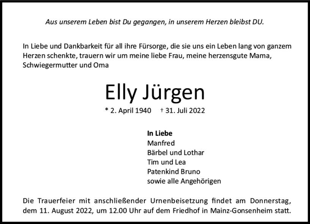  Traueranzeige für Elly Jürgen vom 06.08.2022 aus vrm-trauer AZ Mainz