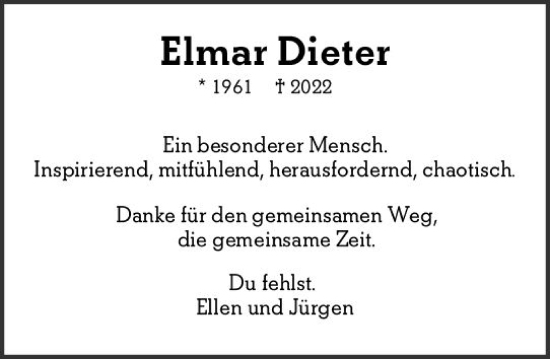 Traueranzeige von Elmar Dieter von vrm-trauer Allgemeine  Zeitung Ingelheim-Bingen