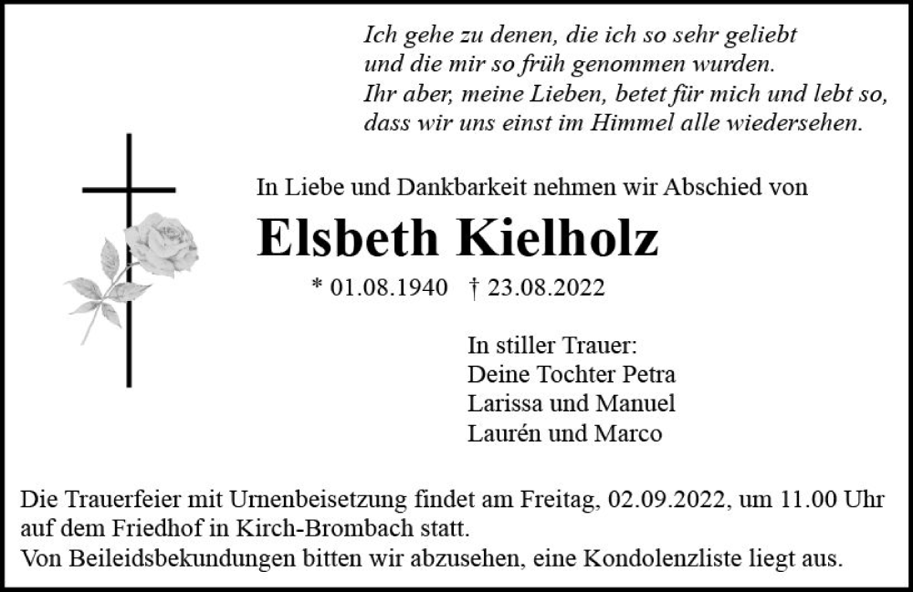  Traueranzeige für Elsbeth Kielholz vom 27.08.2022 aus vrm-trauer Odenwälder Echo