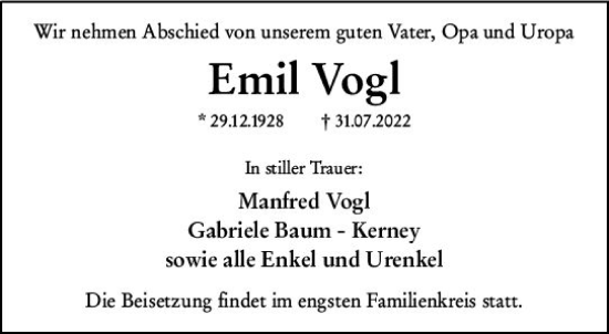Traueranzeige von Emil Vogl von vrm-trauer Wiesbadener Kurier