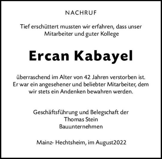 Traueranzeige von Ercan Kabayel von vrm-trauer AZ Mainz