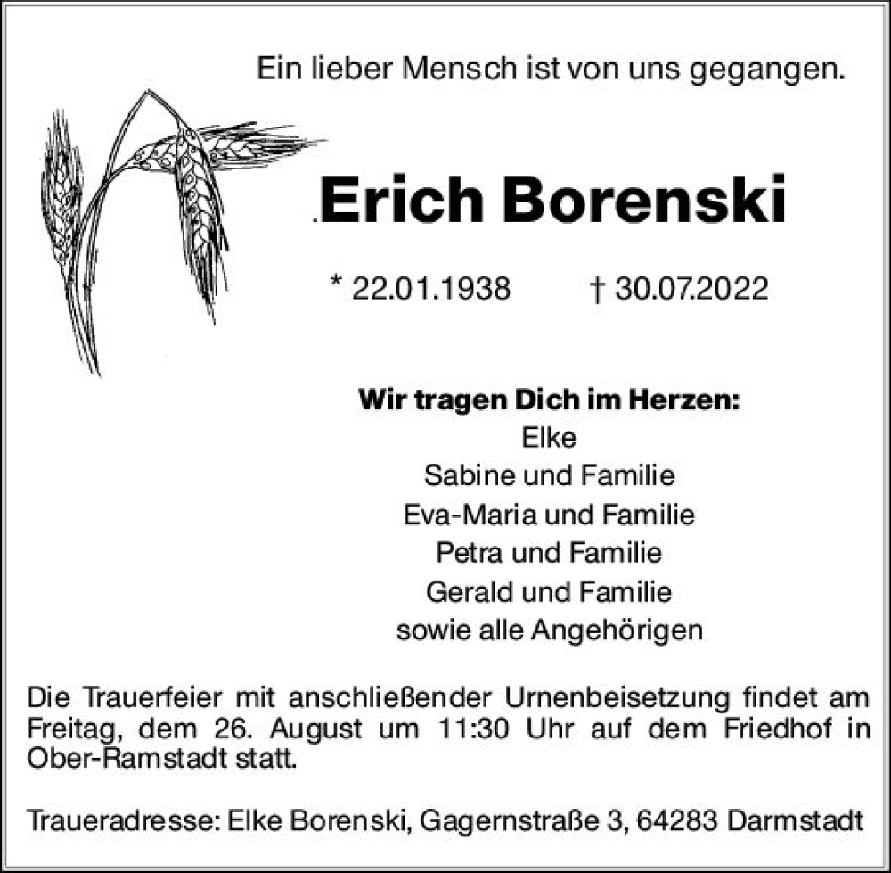  Traueranzeige für Erich Borenski vom 13.08.2022 aus vrm-trauer Darmstädter Echo