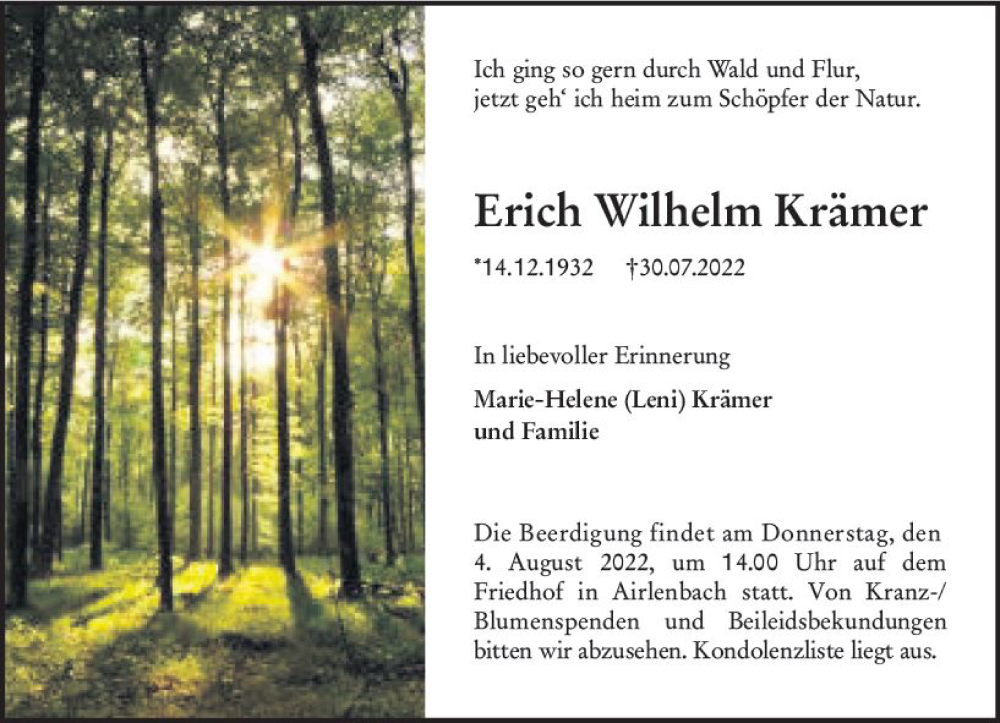  Traueranzeige für Erich Wilhelm Krämer vom 03.08.2022 aus vrm-trauer Odenwälder Echo