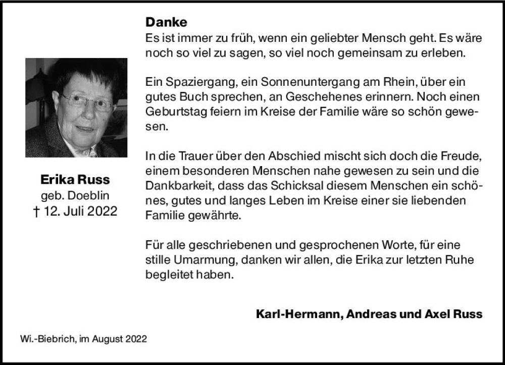  Traueranzeige für Erika Russ vom 13.08.2022 aus vrm-trauer Wiesbadener Kurier