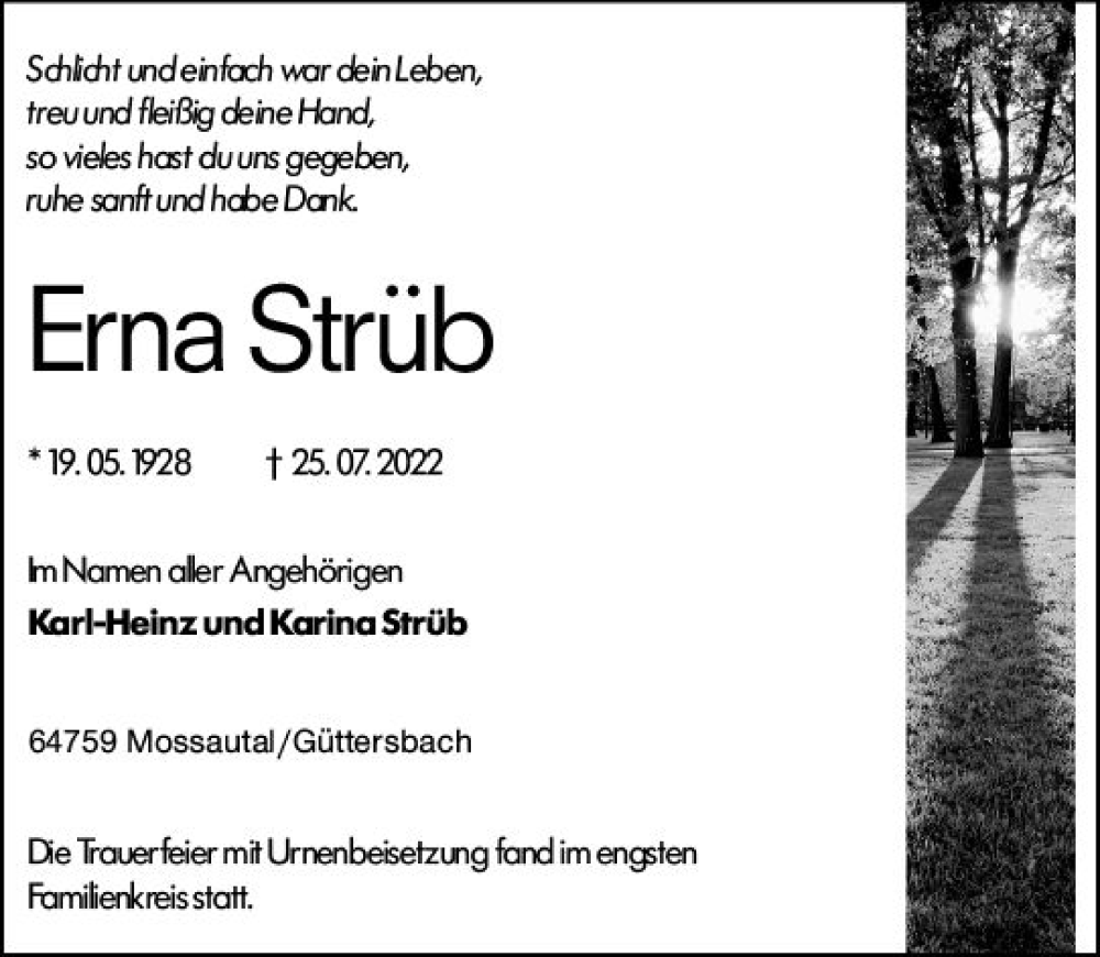  Traueranzeige für Erna Strüb vom 06.08.2022 aus vrm-trauer Odenwälder Echo