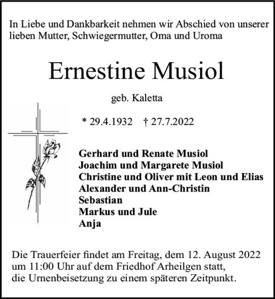  Traueranzeige für Ernestine Musiol vom 06.08.2022 aus vrm-trauer Darmstädter Echo