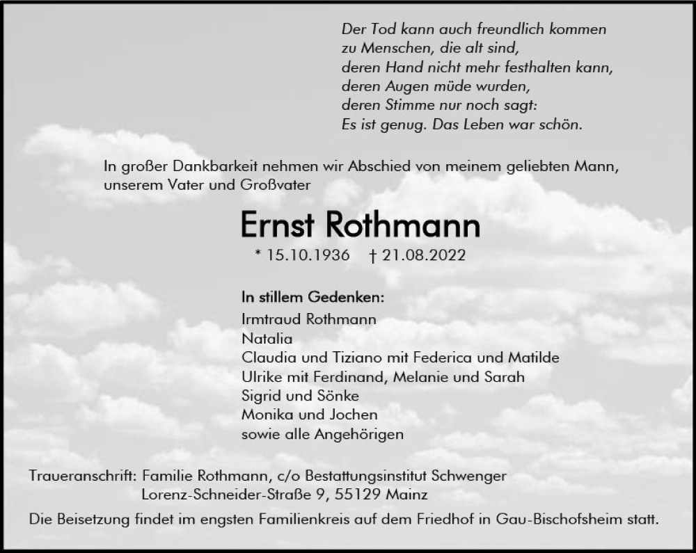  Traueranzeige für Ernst Rothmann vom 27.08.2022 aus vrm-trauer AZ Mainz