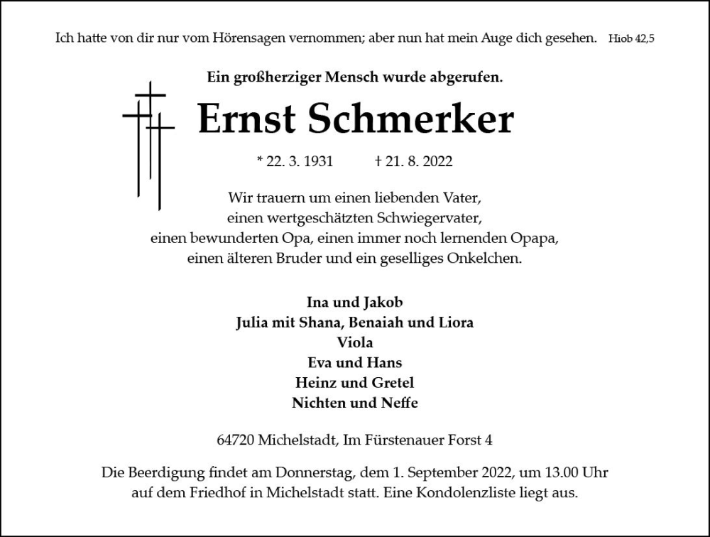  Traueranzeige für Ernst Schmerker vom 27.08.2022 aus vrm-trauer Odenwälder Echo