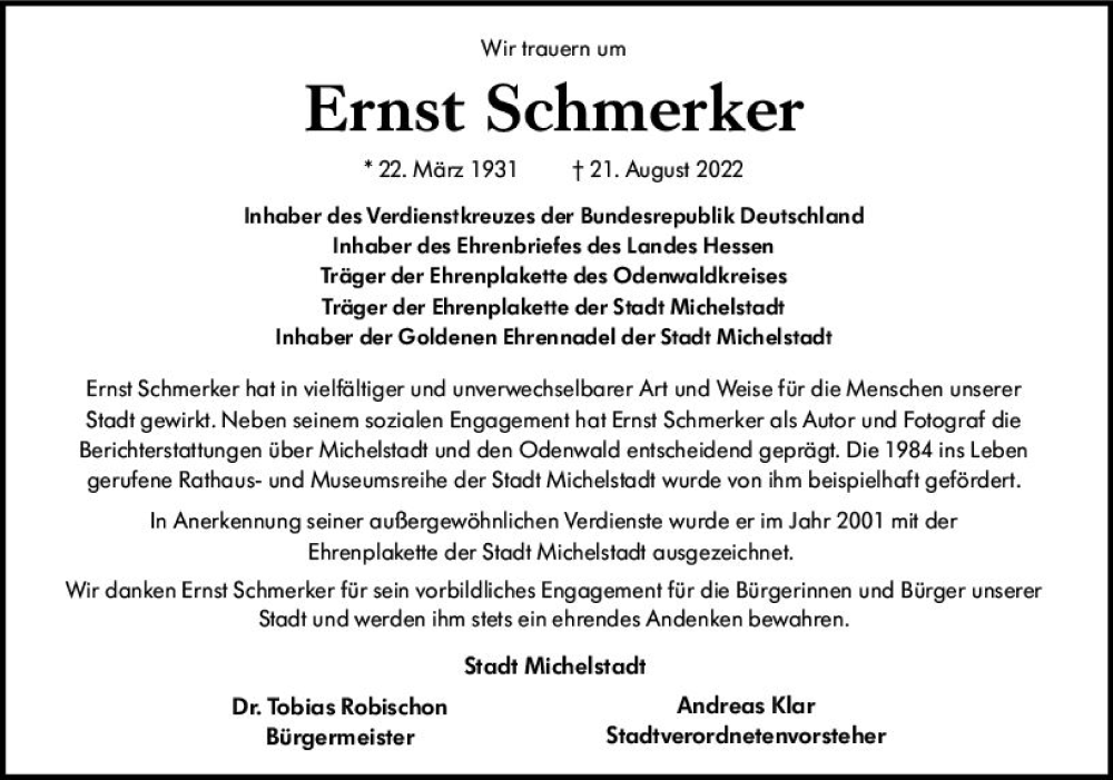  Traueranzeige für Ernst Schmerker vom 27.08.2022 aus vrm-trauer Odenwälder Echo