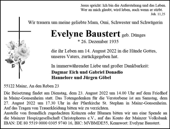 Traueranzeige von Evelyne Baustert von vrm-trauer Allgemeine  Zeitung Ingelheim-Bingen