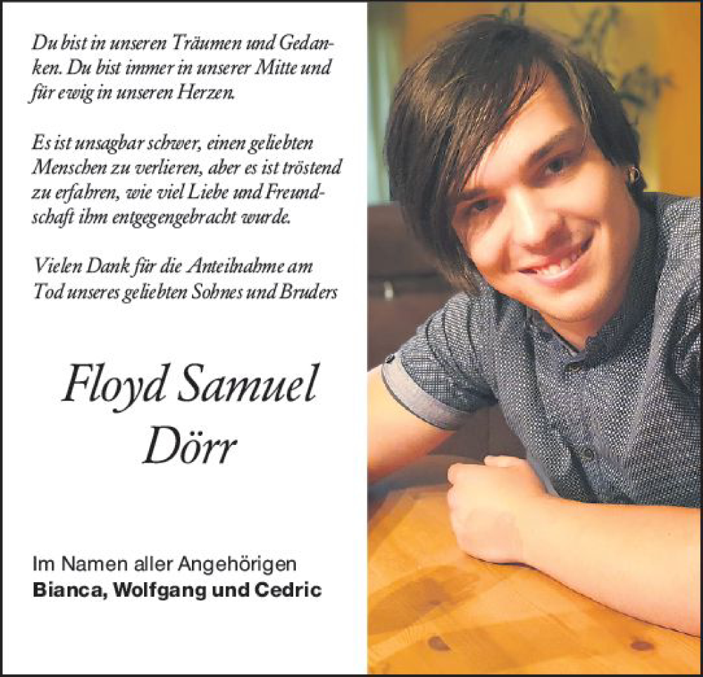  Traueranzeige für Floyd Samuel Dörr vom 27.08.2022 aus vrm-trauer Groß-Gerauer Echo