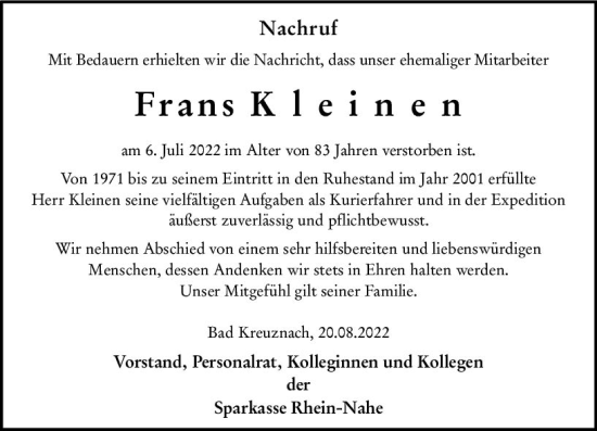 Traueranzeige von Frans Kleinen von vrm-trauer Allgemeine  Zeitung Ingelheim-Bingen