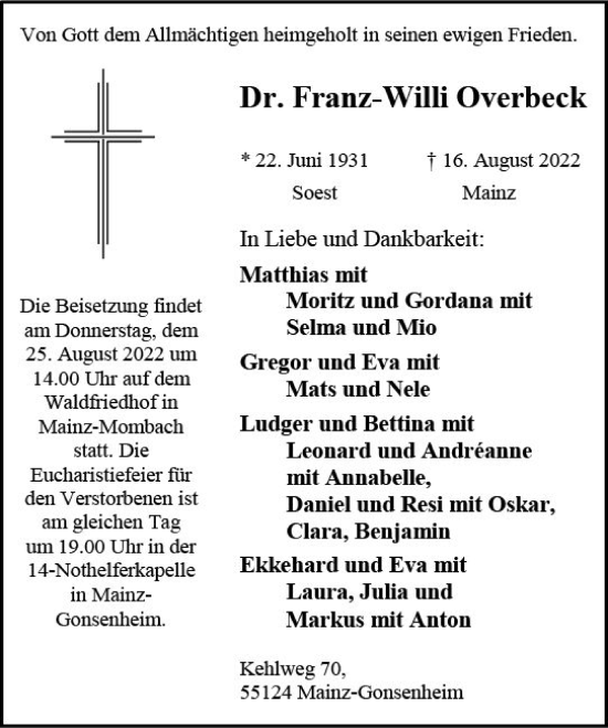 Traueranzeige von Frans-Willi Overbeck von vrm-trauer AZ Mainz