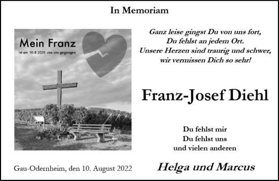 Traueranzeige von Franz-Josef Diehl von vrm-trauer Allgemeine Zeitung Alzey