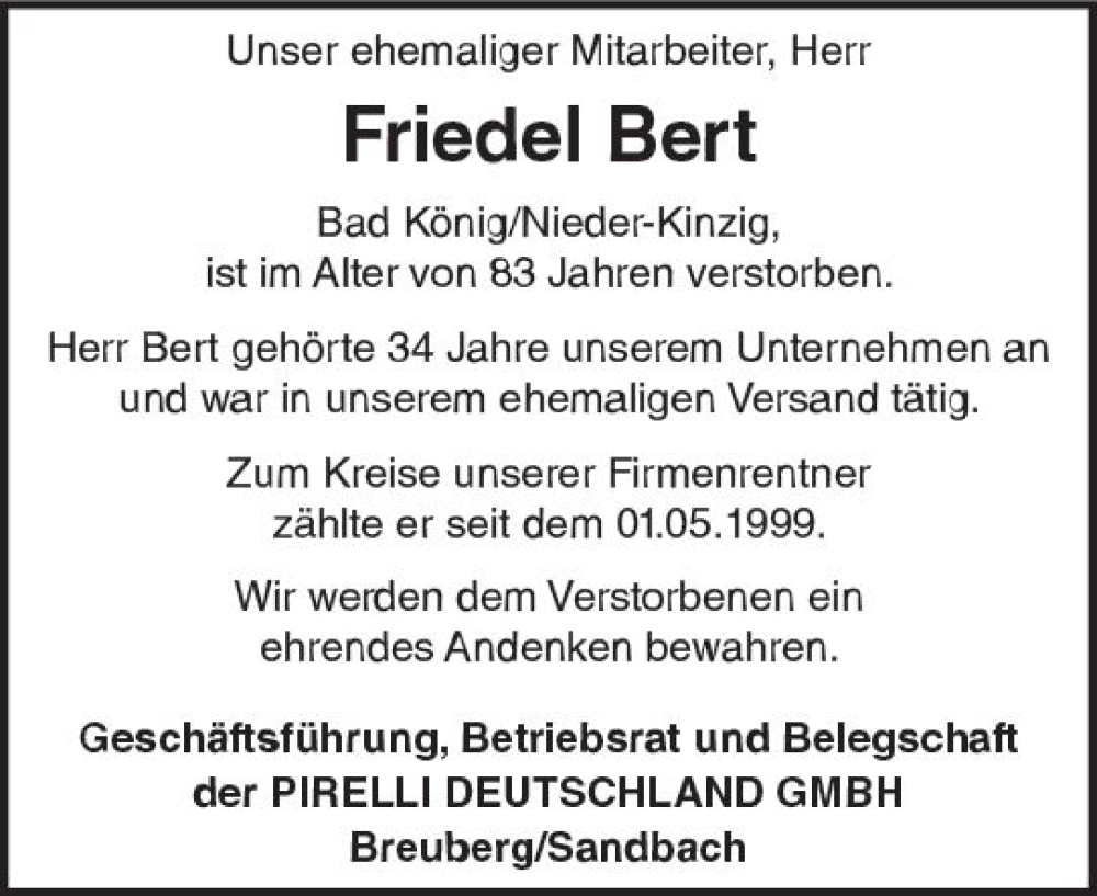  Traueranzeige für Friedel Bert vom 22.08.2022 aus vrm-trauer Odenwälder Echo