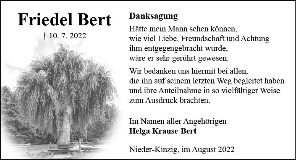  Traueranzeige für Friedel Bert vom 13.08.2022 aus vrm-trauer Odenwälder Echo